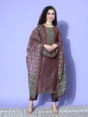 Geomtrical Printed Kurta Paired With Bottom And Thread Embroidered Dupatta